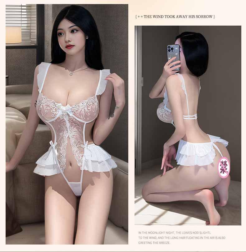 Seductive Lace Embroidered Open-Crotch Bodysuit: Alluring Small Chest Design