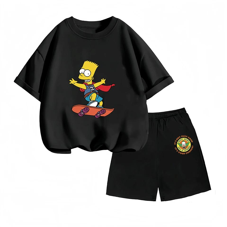 

Hot-selling Summer Fashion Children s Clothing Bart Simpson Cartoon Print Short-sleeve Set 160