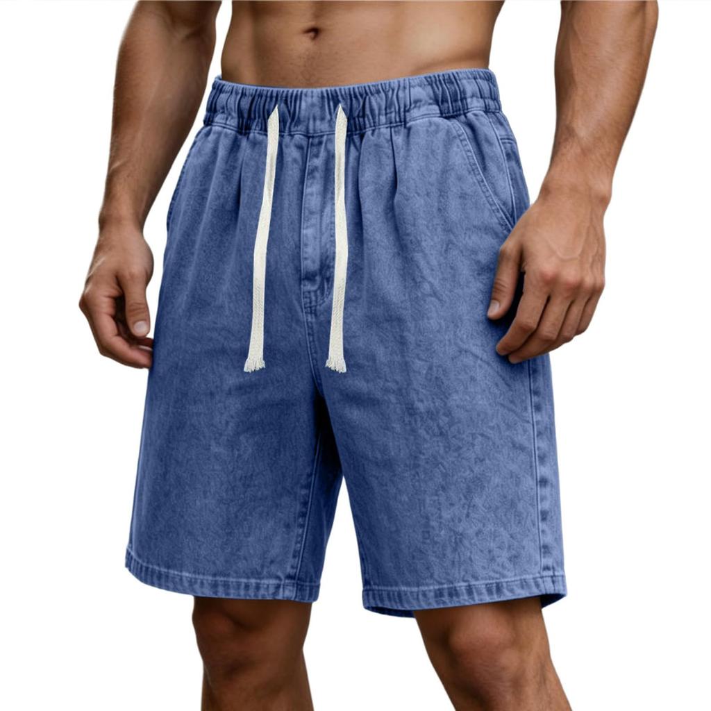 Men's Casual Elastic Waist Outdoor Sports Denim Shorts with Drawstring Relaxed Fit Lightweight Fabric Comfortable Design