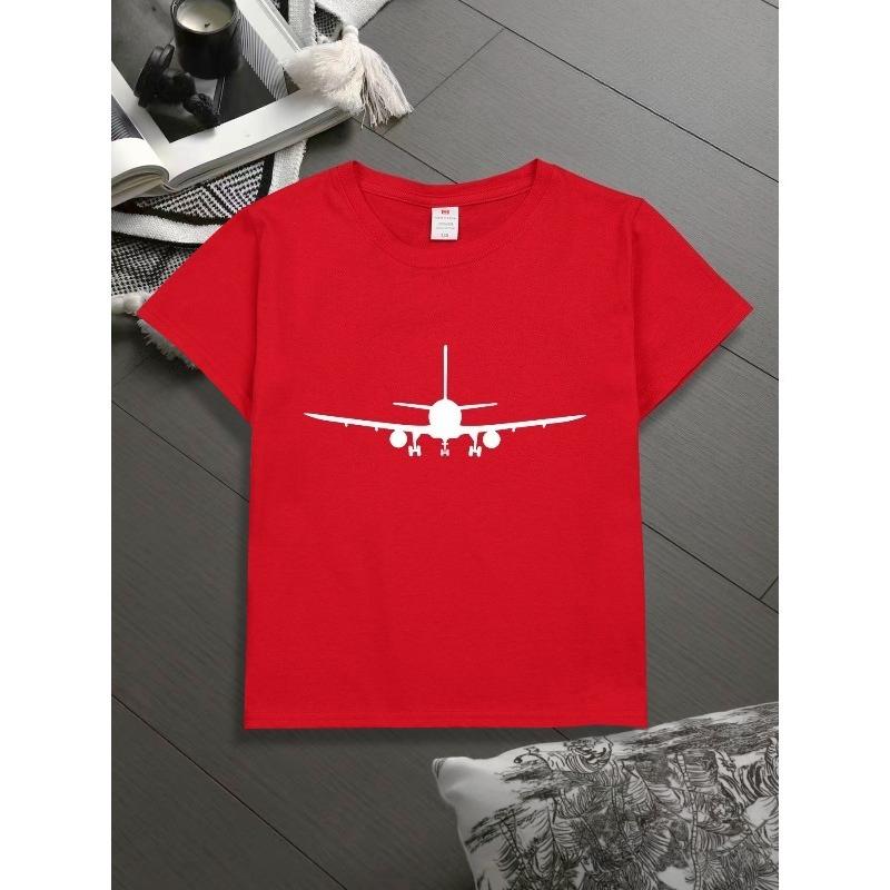 European Sizes Airplane Silhouette Print Kids' T-Shirt, Children's Short-Sleeve Cartoon Fashionable Fun Top, Base Layer for Boys
