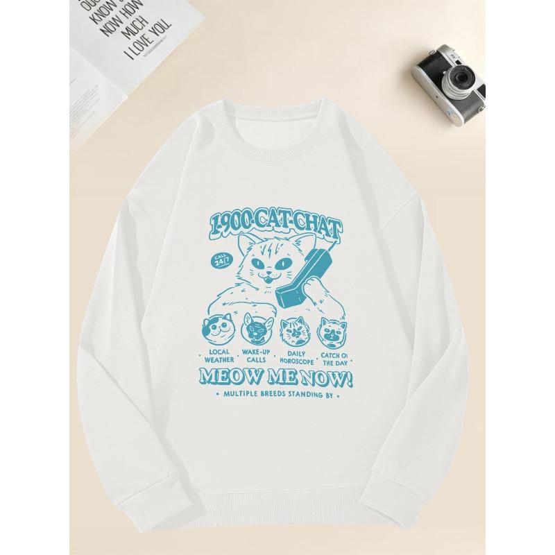 Men'S 1900 CAT CHAT Casual Round-Neck Sweatshirt with Cat Pattern  100% Cotton Printed Long-Sleeve Crew Neck Pullover