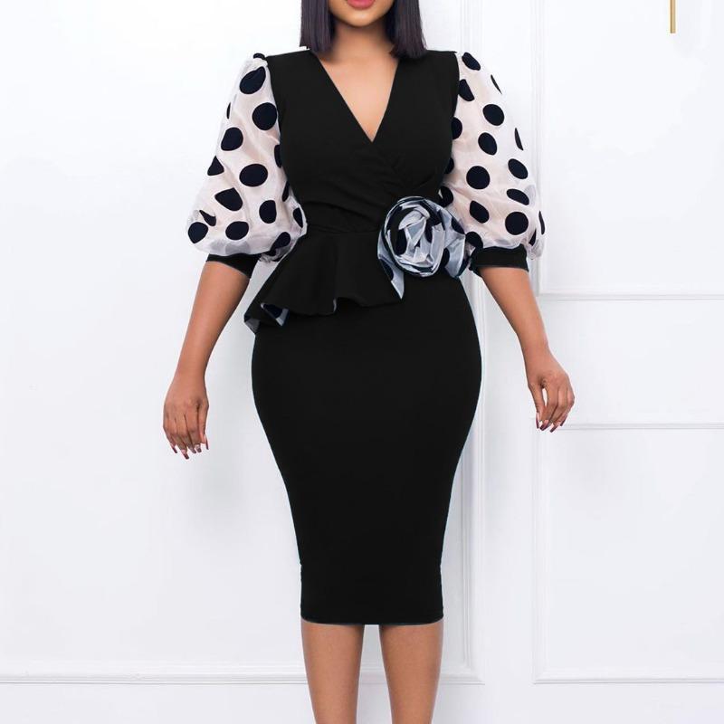 Plus Size Women Fashion V Neck Mesh Patchwork Midi Pencil Dress
