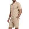 Men's Summer Breathable Waffle Knit Casual Loose Fit Two Piece Set Short Sleeve Polo Shirt with Zipper and Matching Shorts