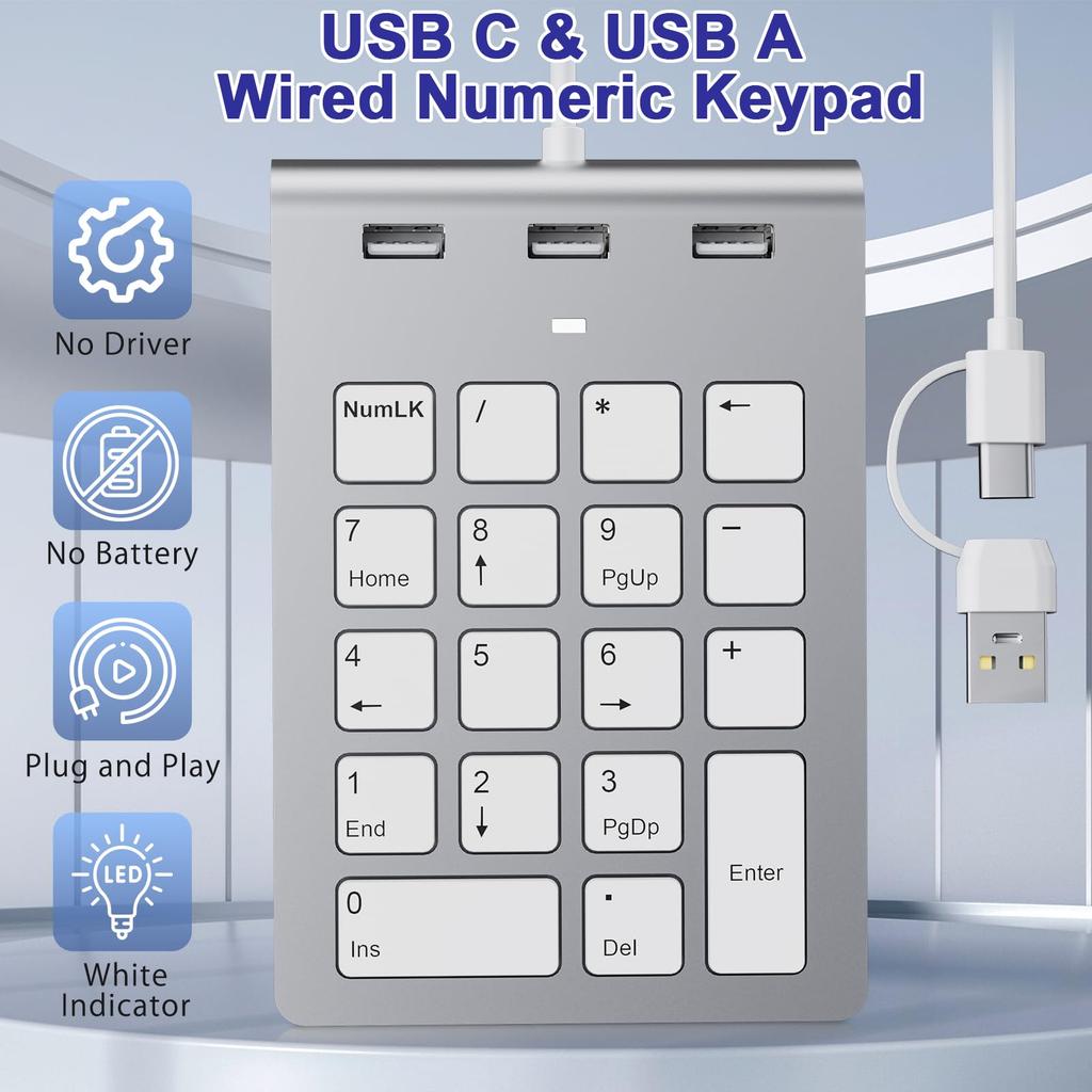 18-Key Slim Wired Numeric Keypad with USB AType-C Ergonomic Mini Keyboard with 3 USB 2.0 Ports, 18 Keys, Office Calculation Keypad, One-Handed Device