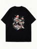 Black Oversized T Shirt With Koi Fish And Flowers Print For Casual Wear