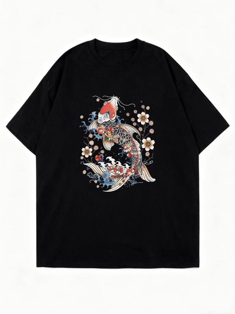 Black Oversized T Shirt With Koi Fish And Flowers Print For Casual Wear