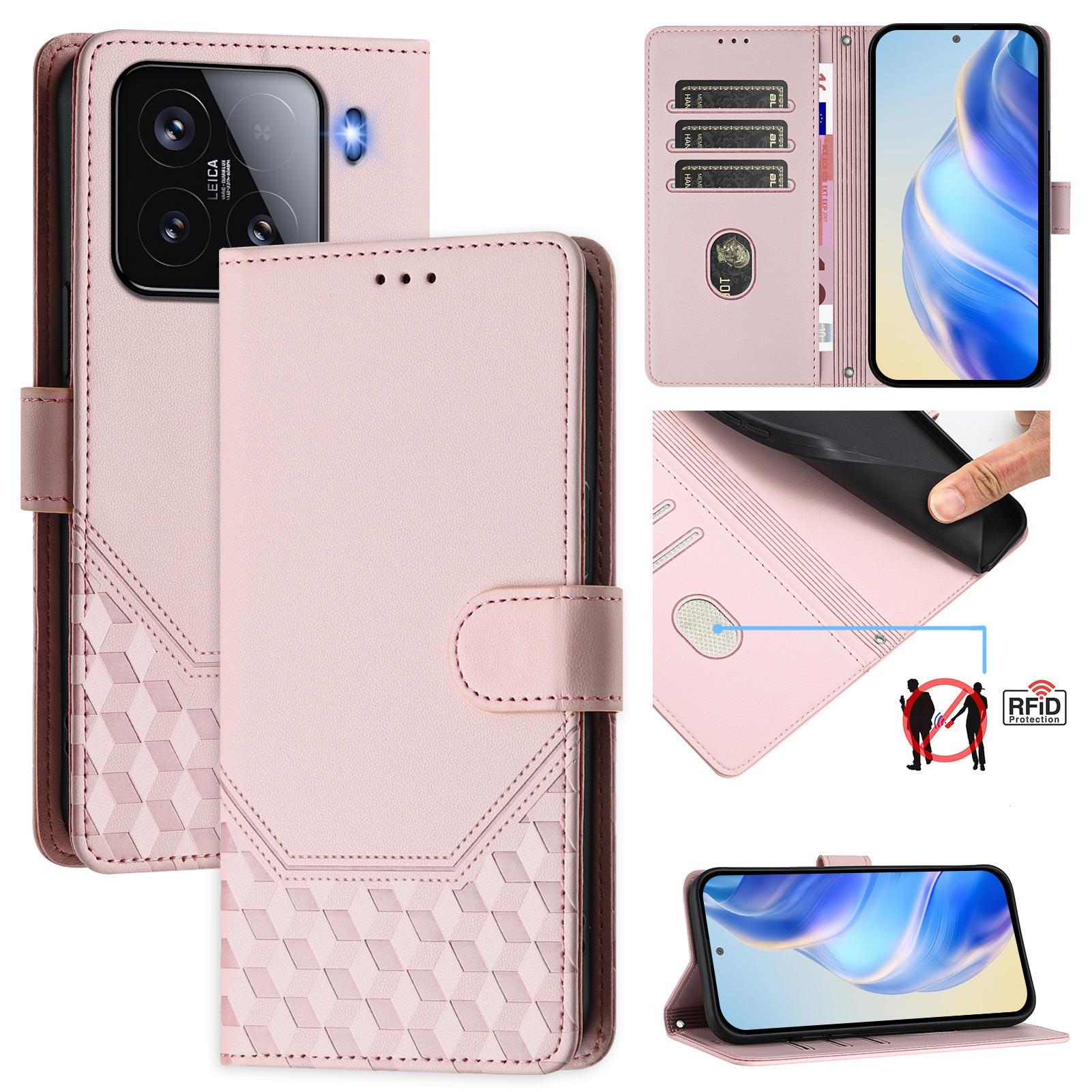 

For Xiaomi 15 Case Imprinted Honeycomb RFID Blocking Leather Phone Cover with Strap Pink
