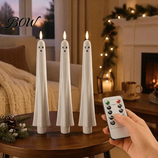 Flickering Ghost Tea Lights Halloween Flameless Taper Candles, Battery Operated Candle Light with Seasonal Home Accents for Remote, Real Wax