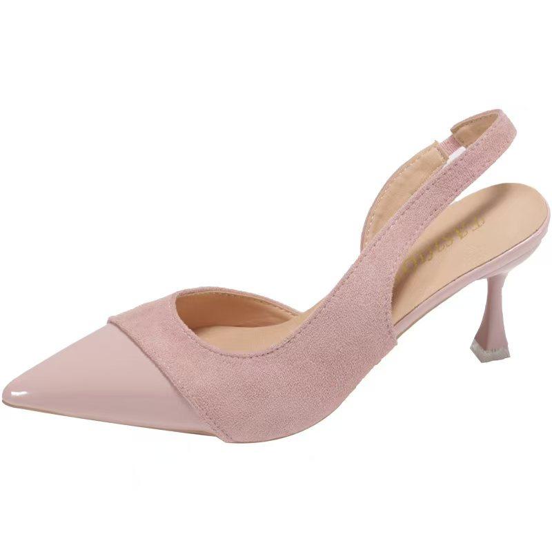 French Temperament Fairy Style Bag Head Sandals Women's Shoes Pink Pointed High Heels Empty Suede Single Shoes Women After Commuting