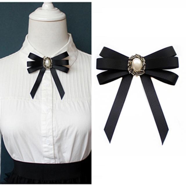 New Female Unisex Bow Tie Brooches For Women Pearl Crystal Pendant Collar Pin Shirt Clothes Necktie Bowknot Suit Accessories