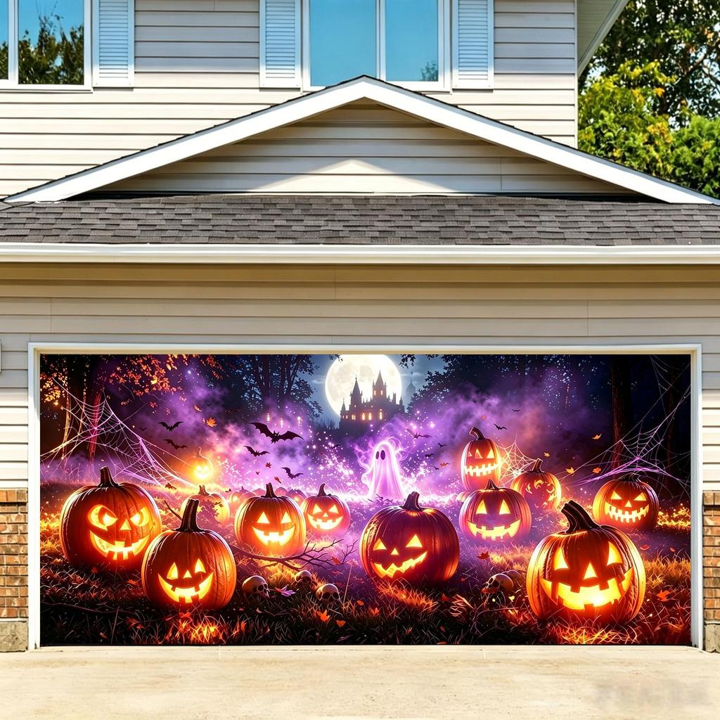 7x16 FT Halloween Garage Door Cover, Large Banner Backdrop with Full Moon, Ha...