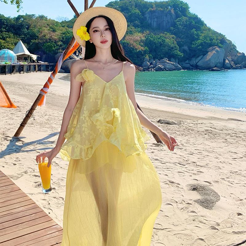 

Seaside vacation French gentle wind suspender v-neck yellow long dress design irregular ruffle edge dress L жовтий