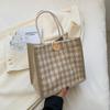 Elegant Beige Linen Tote Bag for Women - Striped Pattern, Versatile Bento & Gift Box Carrier with Snap Closure, Khaki Color