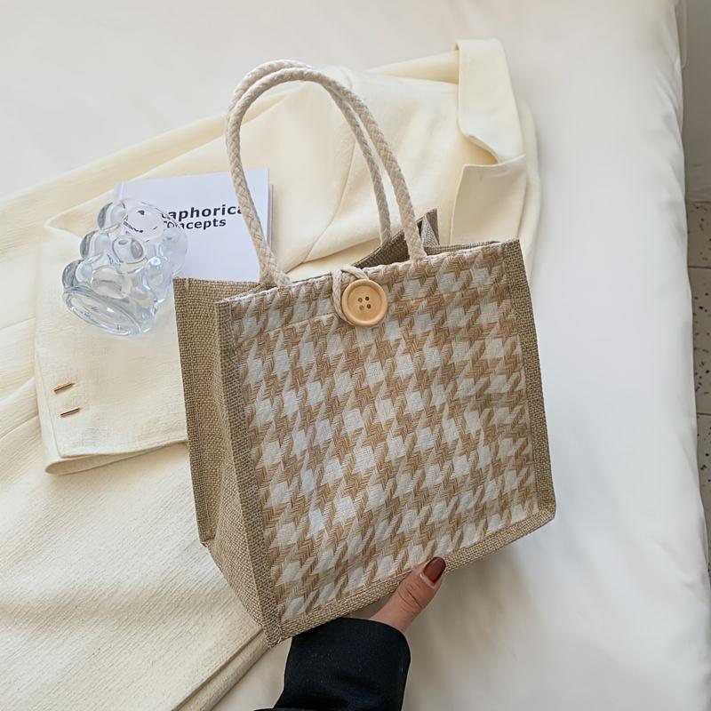 Elegant Beige Linen Tote Bag for Women - Striped Pattern, Versatile Bento & Gift Box Carrier with Snap Closure, Khaki Color
