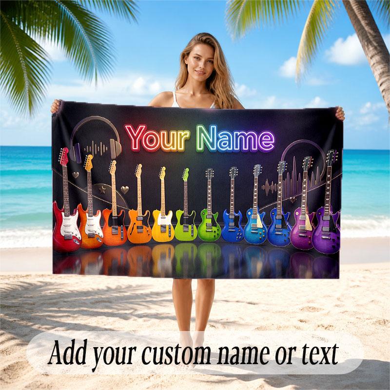 Music Guitar Theme Beach Towel Personalized Custom Name & Text Soft Quick Dry Beach Towel for Swimming Travel