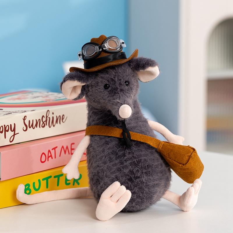 1Pc 25Cm Kawaii Sad Mouse Plush Toy Lovely Plush Grey Mouse With Accessories Doll Wears Hat Bag Glasses Birthday Gift