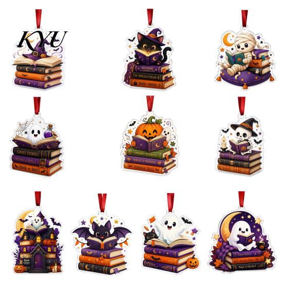 Halloween Festive Decorations Reading Ghost Hanging Ornament, Acrylic Holding Book Pumpkin Bookshelf Ornaments Black Cat Mummy Decor, 2D Cartoon