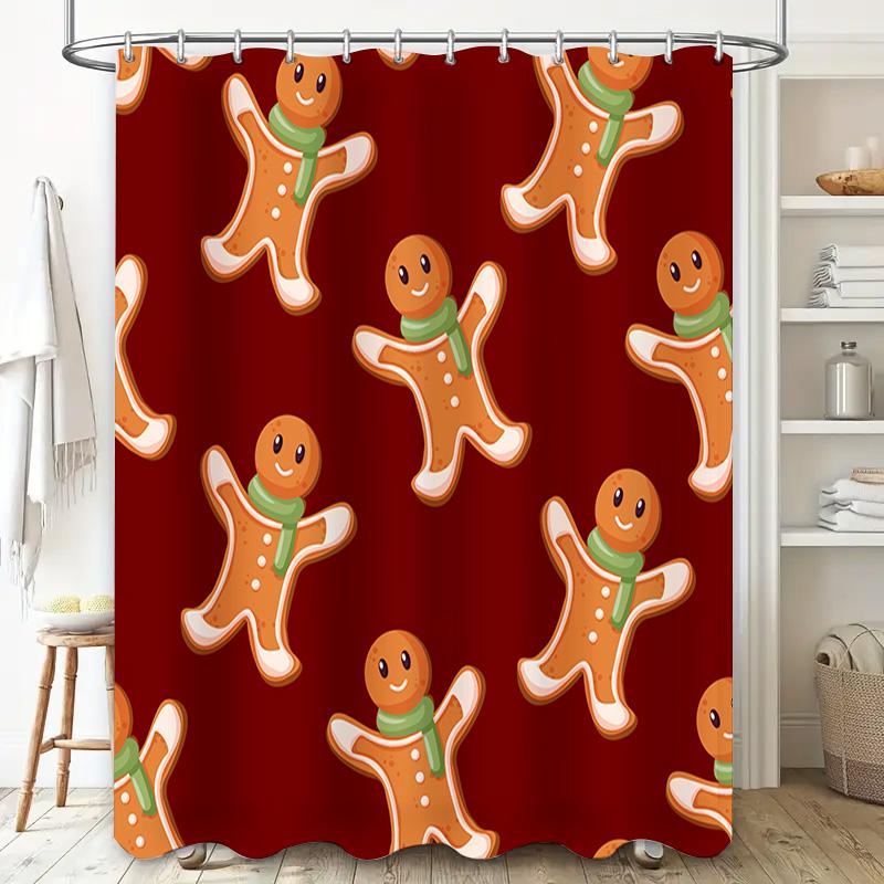 Christmas-themed Shower Curtain with Gingerbread Man Pattern Holiday Bathroom Decor Red Fabric Shower Curtain for Home Decoratio