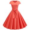 Damen Sommer Vintage Kleid Mit Gürtel Kurze Ärmel V-Ausschnitt Elegant Retro Schwingendes Partykleid