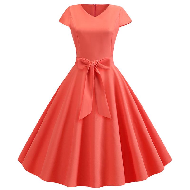 Damen Sommer Vintage Kleid Mit Gürtel Kurze Ärmel V-Ausschnitt Elegant Retro Schwingendes Partykleid
