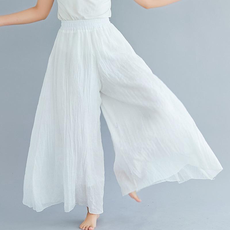 Summer Women's Trousers Artistic Large Size Cotton and Linen Wide-leg Trouser Skirt Linen Skirt Elastic Waist Solid Color Ethnic Style Trouser Skirt