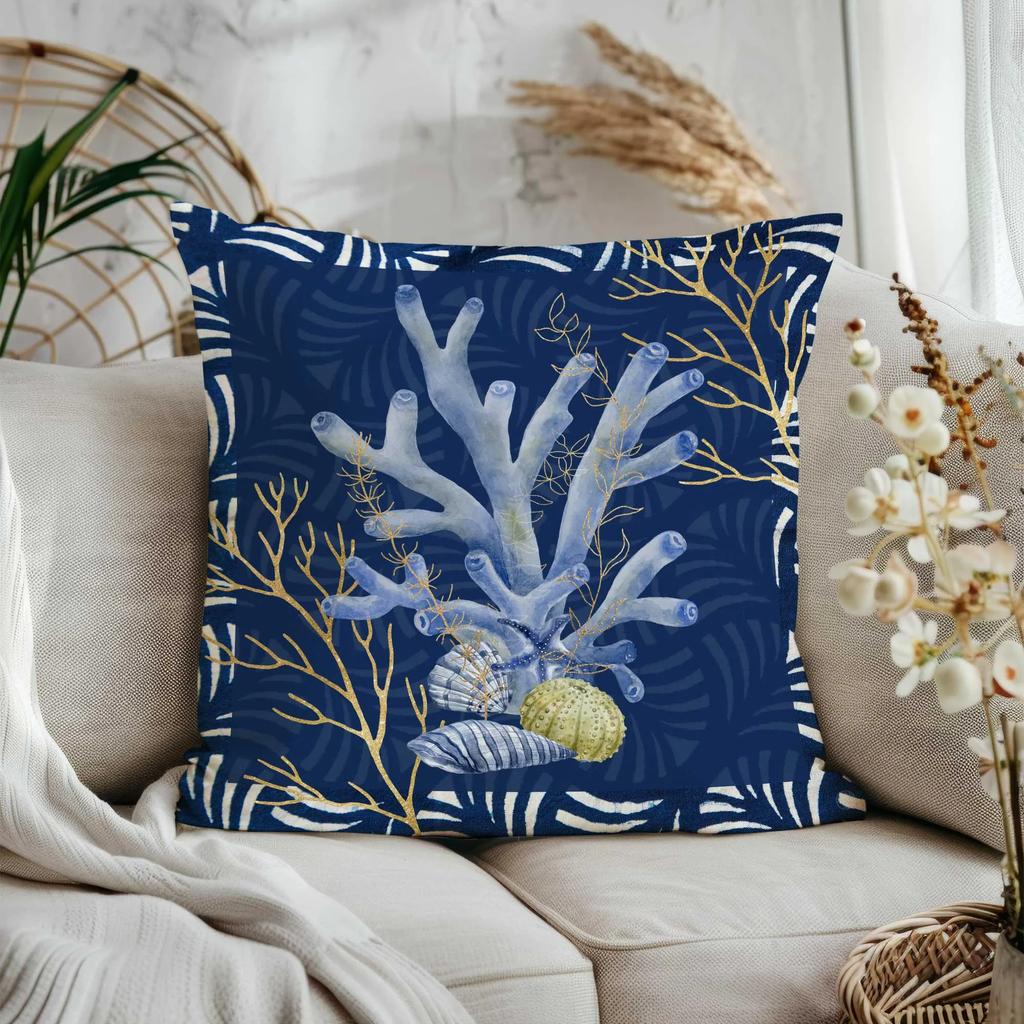 1Pc Navy Blue Coastal Marine Pillow Cover 2D Double Sided Print Polyester Coral Turtle Decor For Sofa Bedroom Beach Gift