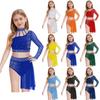 Dětský dívčí současný lyrický taneční outfit - Jednoramenný průsvitný síťovaný top s dlouhým rukávem a kamínky a nepravidelná sukně