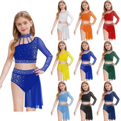Mädchen Zeitgenössisches Tanzoutfit Ein Schulter Ärmel aus transparentem Mesh Glänzendes Strass Crop Top Asymmetrischer Rock