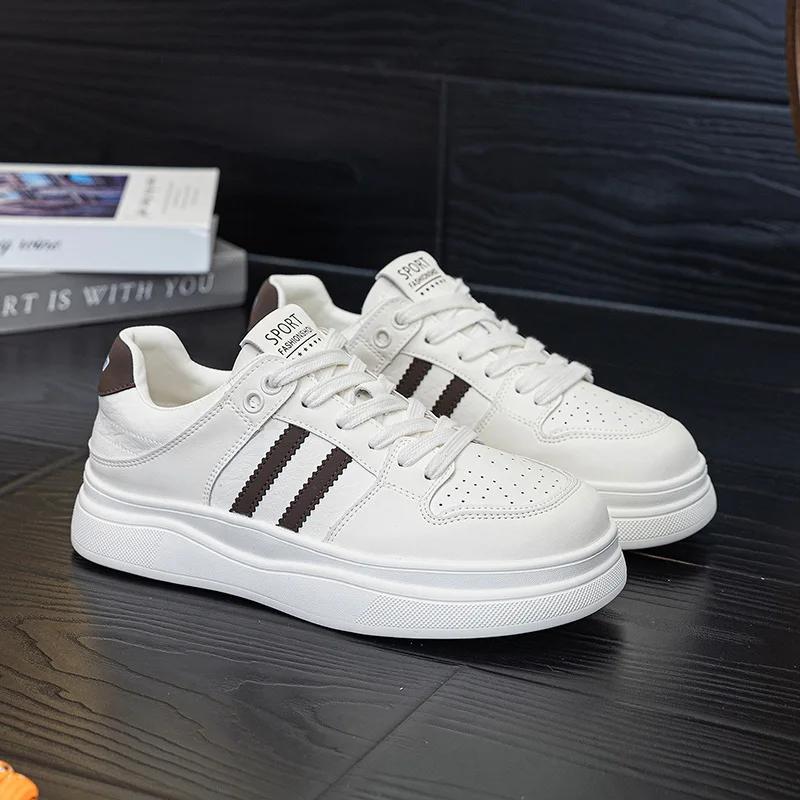 New Fashion Women Genuine Leather Casual Shoes Striped White Flat Platform Shoes Thick-soled Sneaker