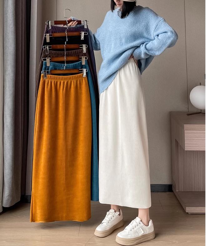 Winter High Waisted Hip Hugging Skirt, Corduroy Split Mid Length Skirt For Women