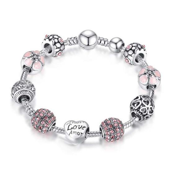 Love Flower Rhinestone Beads Charm Cuff Bangle Bracelet Women Wedding Jewelry