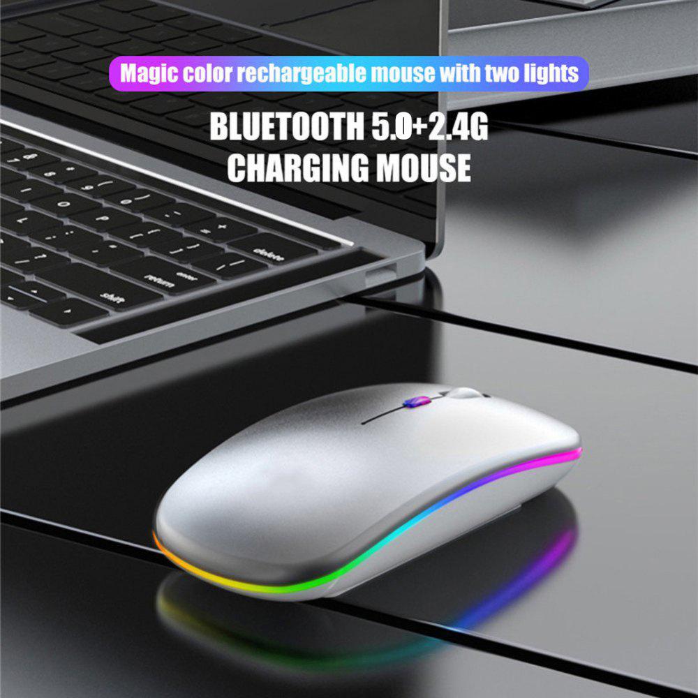 2.4G & Bluetooth 5.0 LED Wireless Mouse, Super-Slim Rechargeable Wireless Silent Mouse, with USB Receiver and Charging Cable