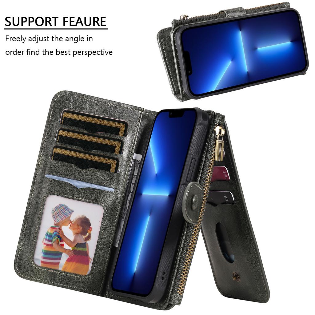 2 v 1 Odnímateľné magnetické puzdro-peňaženka pre iPhone 15 14 13 12 11 Pro Max Peňaženka s držiakom na karty, zipsom, vreckom na drobnosti Preklopný kryt