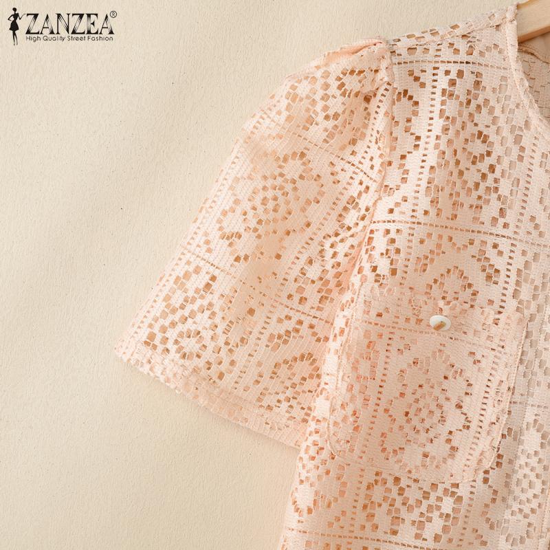 ZANZEA Womens Summer Hollow Out Crochet Short Sleeve Cardigan Blouse