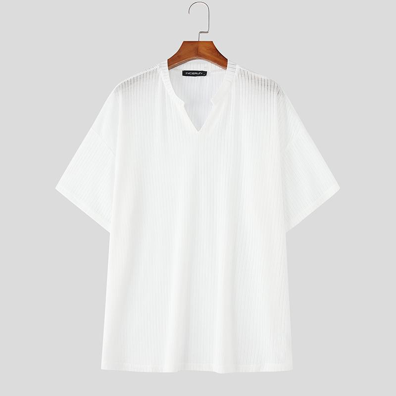 INCERUN Men Short Sleeves Solid Color See Through Casual Loose T-Shirts