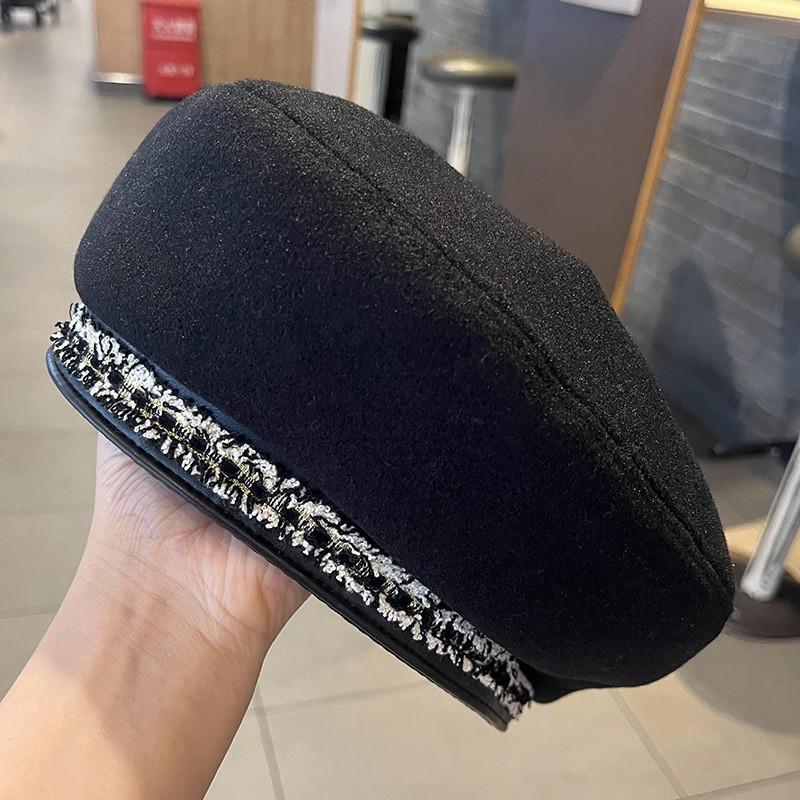 Womens Black Felt Beret With Sparkling Sequins For Fall And Winter Wear