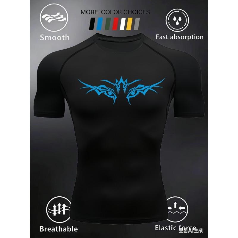 Men's Compression Shirt Quick Dry Neon Green Gym T-Shirt Blue Tribal Eyes Print Workout Sportswear