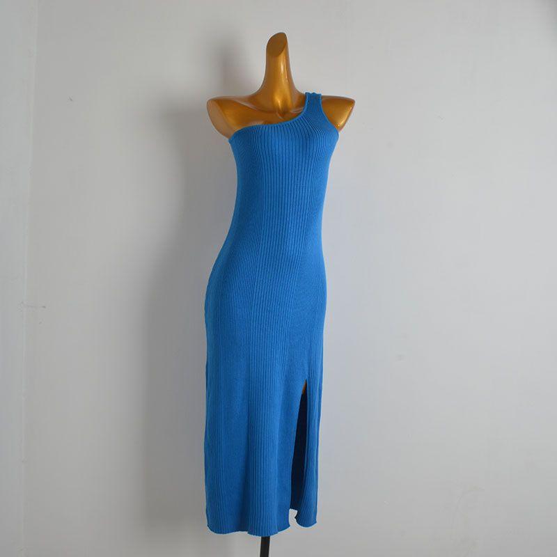 Fashion Style Sexy Stylish Oblique Shoulder Knitting Vest Dress Women's Clothing Spring Summer Slim-Fit Slimming Slit Long Dress