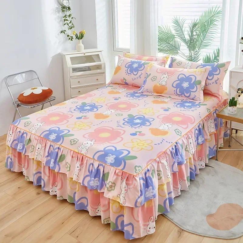 1PC Bed Skirt Cartoon Style Bed Cover Ruffled Bedsheet Falda De Cama Quilted Mattress Covers Lace Bedspread (No Pillowcase)
