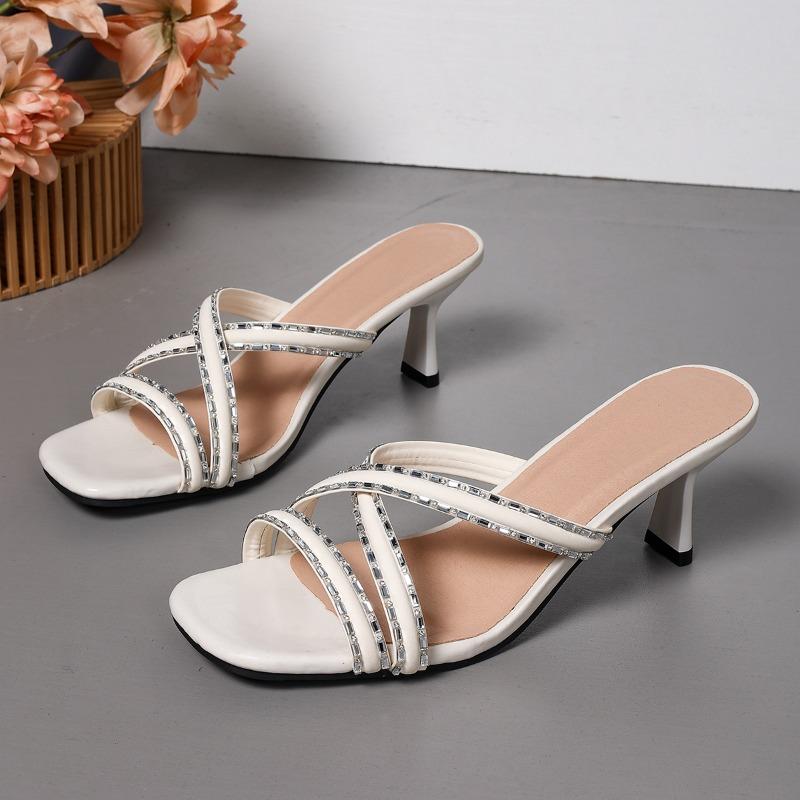 Fashion Temperament Square Toe Rhinestone Stiletto Wear Sandals Women's Summer New Fashion and Versatile Strap High Heels