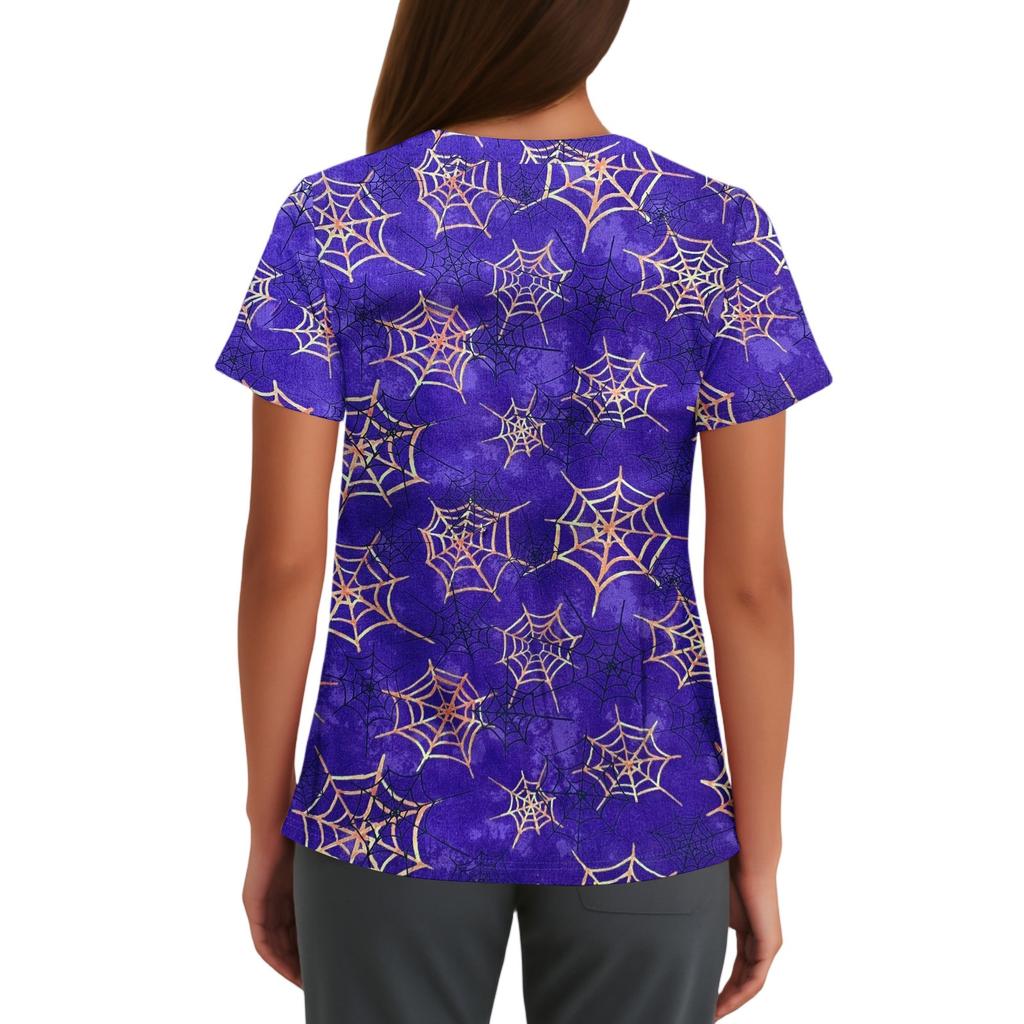 Dámské roztomilé potištěné pracovní oblečení Výstřih do V Dvouvrstvé kapsy Základní top s krátkým rukávem Pulovr