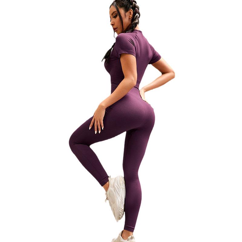 Pink Solid Color Short Sleeve Yoga Set - Two-Piece Summer Outfit