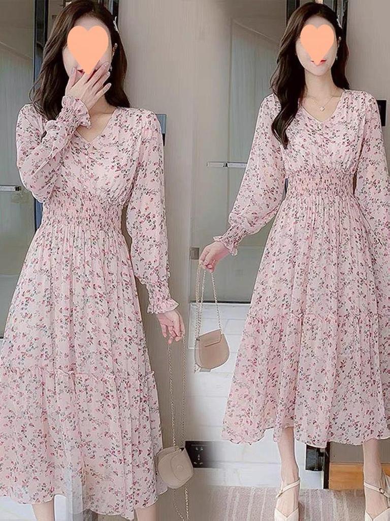 Floral Print Chiffon Dress Long Dress Women Spring New Korean Style Fairy Dress Ruffled Maxi Skirt