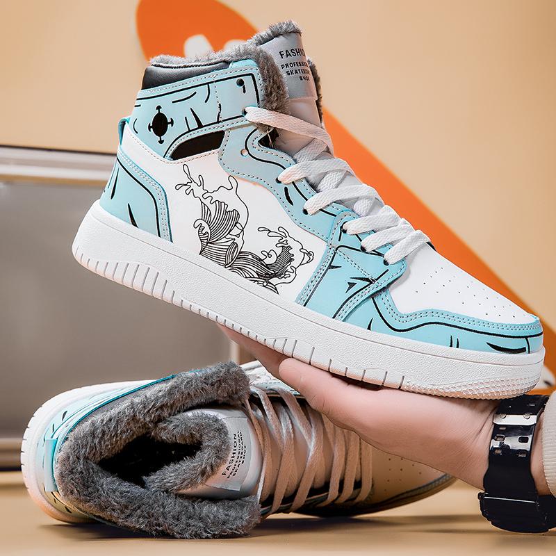 

Мужская зимняя обувь для скейтбординга, теплые меховые кроссовки, студенческая обувь с принтом в стиле хип-хоп, высокие баскетбольные кроссовки больших размеров EU: 47