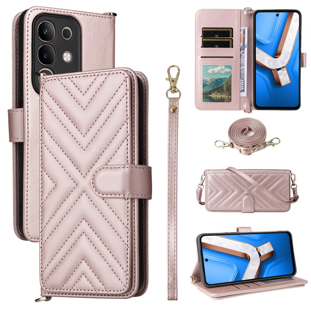 For Vivo Y29 4G/T4x 5G Wallet Case with Shoulder/Wrist Strap Leather Phone Cover Stand
