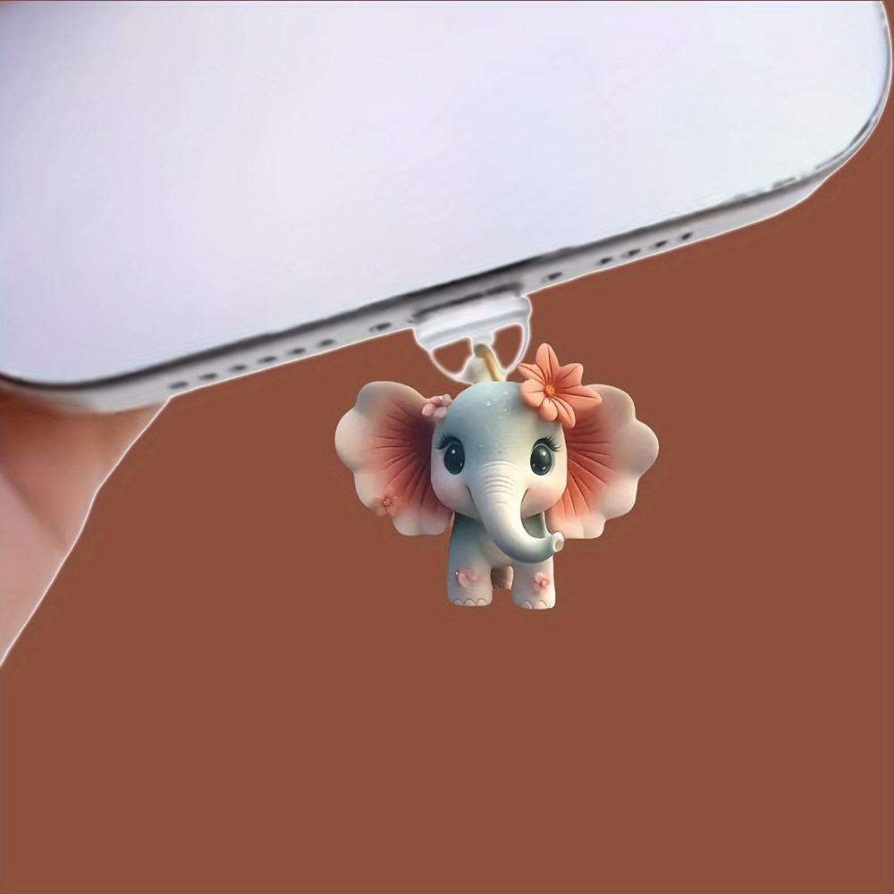 2D Acrylic Cute Elephant Phone Dust Plug Type-C Port Cover For Iphone & Samsung Decorative Hanging Pendant Accessory