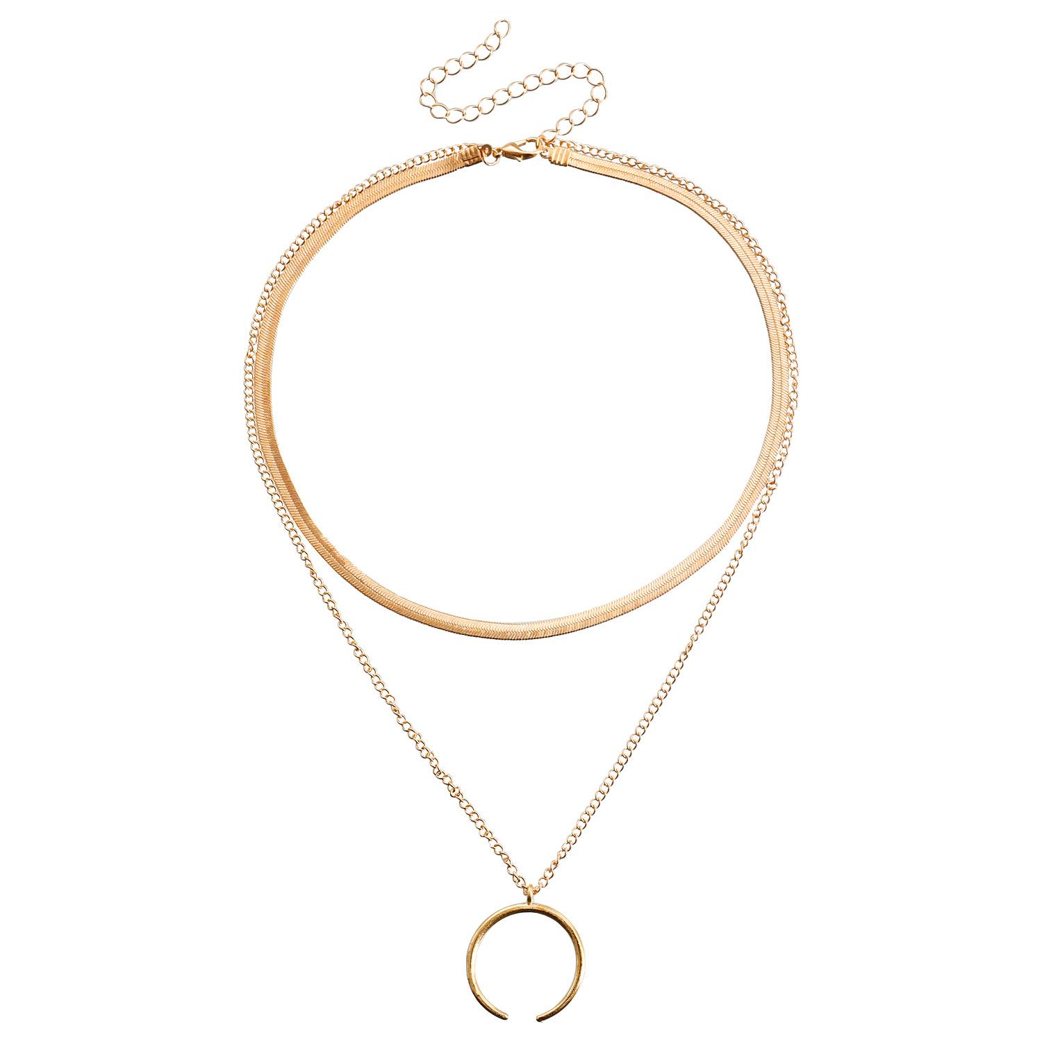 Edgy Double-Layer Flat Snake Chain Moon Pendant Necklace for Women - Minimalist Cool Metal Texture Necklace
