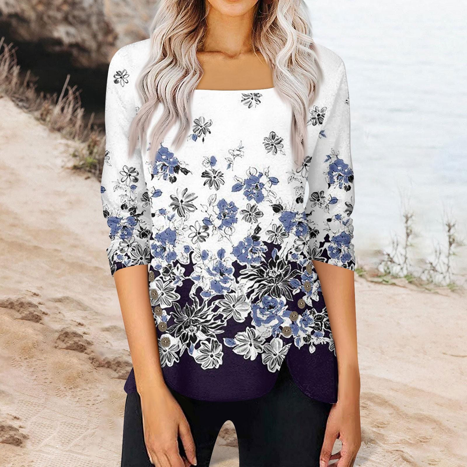 

Женский топ, свободная повседневная футболка с квадратным вырезом и пуговицами, рукав три четверти, топ XXL