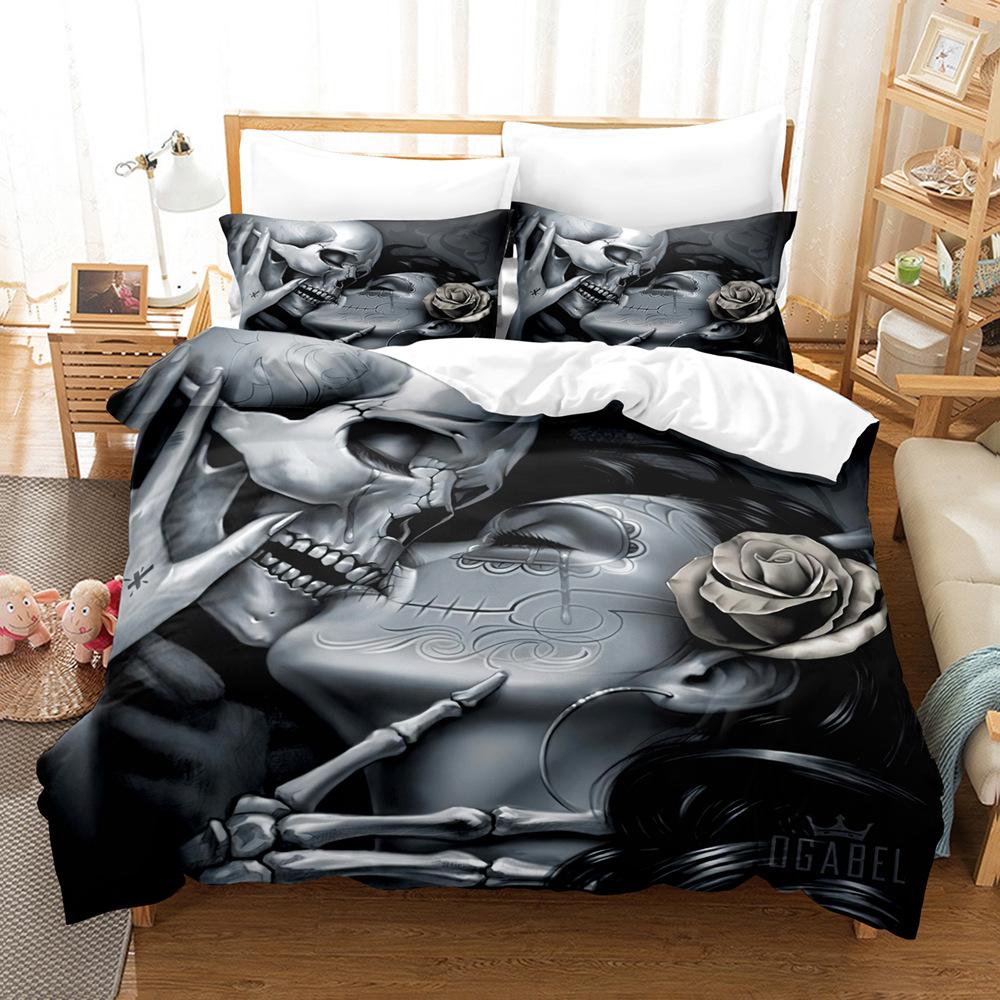 3D-Paar-Schädelkopf-Serie, Bettwäsche-Set, Halloween-Horror-Bettbezug und Kissenbezug, 2/3-teilig, AU/US/UK/DE, volle Größe, Heimdekoration