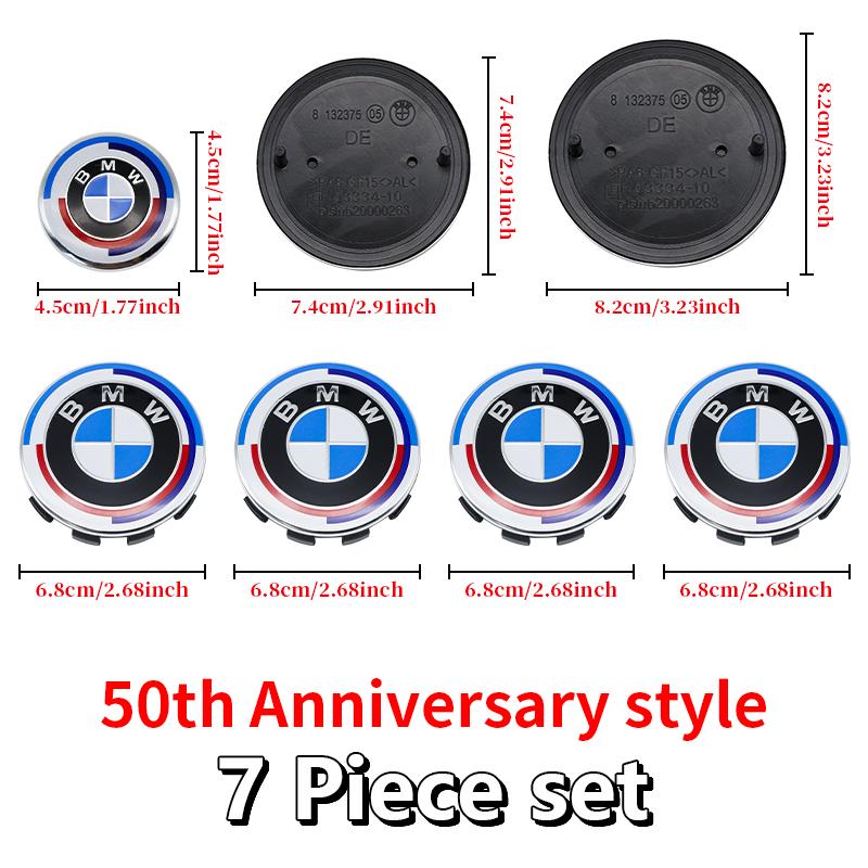 DJSA5 Hood Trunk Wheel Steering Badge 7Pcs Emblem Set For BMW E46 E90 F10 F30 G20 X5 82mm 74mm 68mm 56mm 45mm 50th Anniversary Car